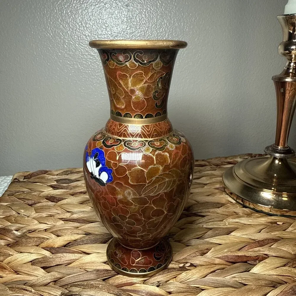 Vintage Chinese Cloisonne Vase Brass Enamel Floral Chinoiserie 6” Asian Decor